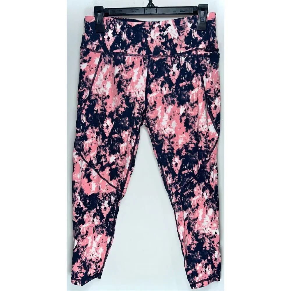 Sweaty Betty Power 7/8 Workout Leggings in a pink and navy tie-dye print size la